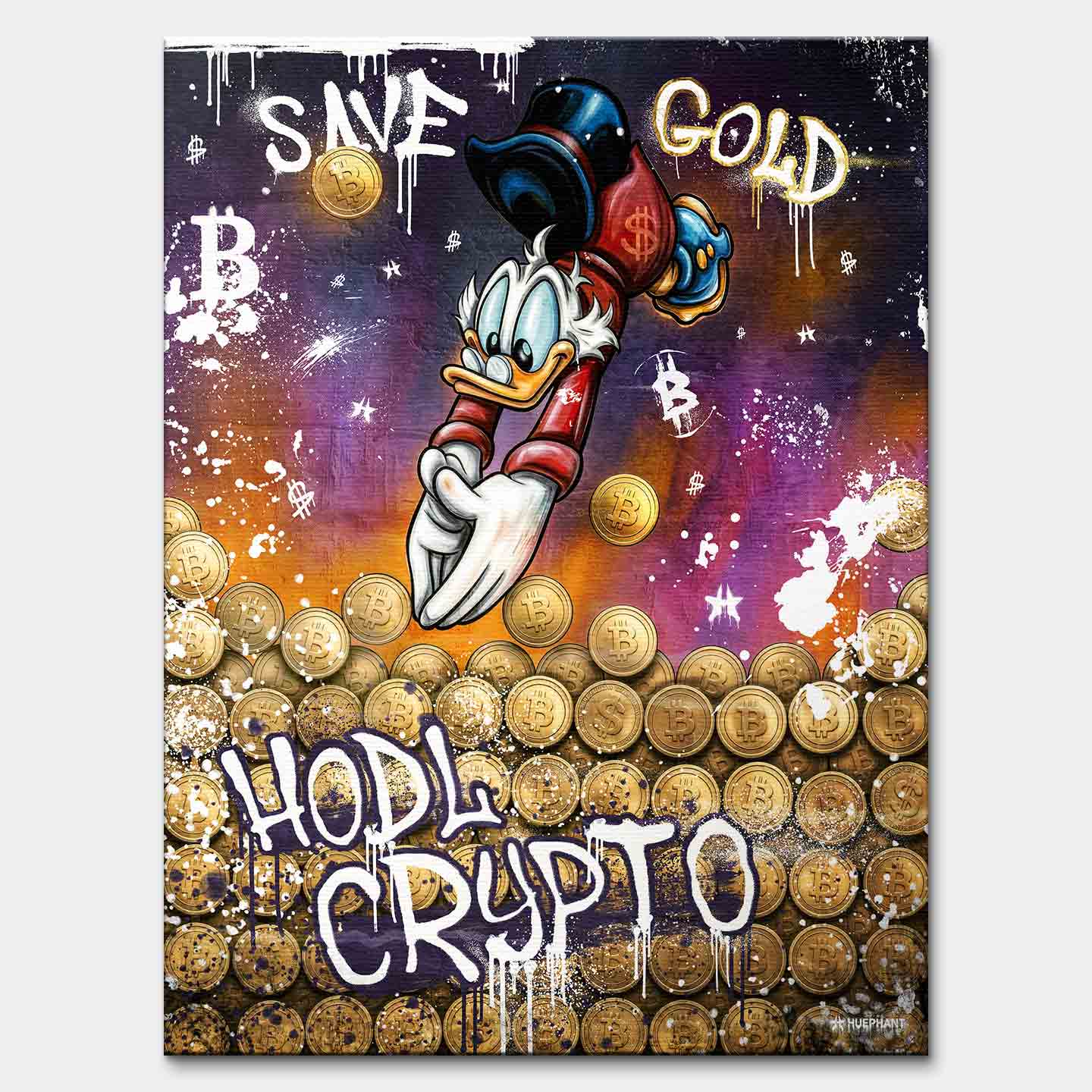 Obraz na płótnie Save Gold Hodl Crypto, street art z kaczą postacią, złotymi monetami kryptowalut i graffiti w fioletowo-złotej kolorystyce.
