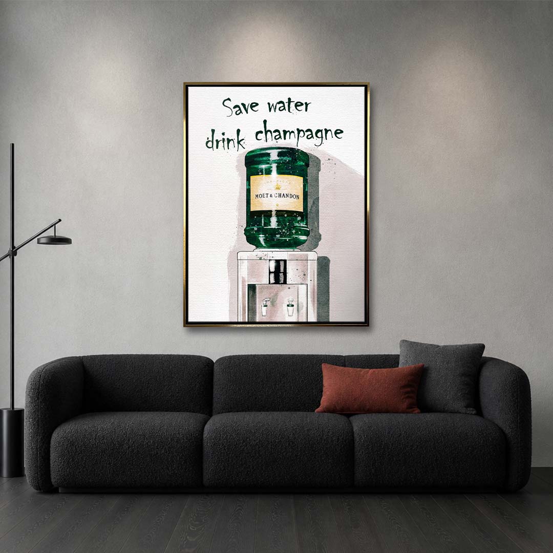 Obraz na płótnie dystrybutor wody z butlą szampana i napisem Save water drink champagne. Sztuka nowoczesna, wydruk galeryjny.