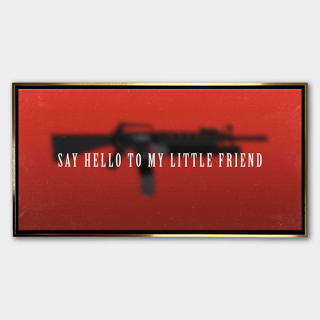 Obraz na płótnie z zamazaną sylwetką karabinu i napisem „Say hello to my little friend” na czerwonym tle, inspirowany filmem Scarface.