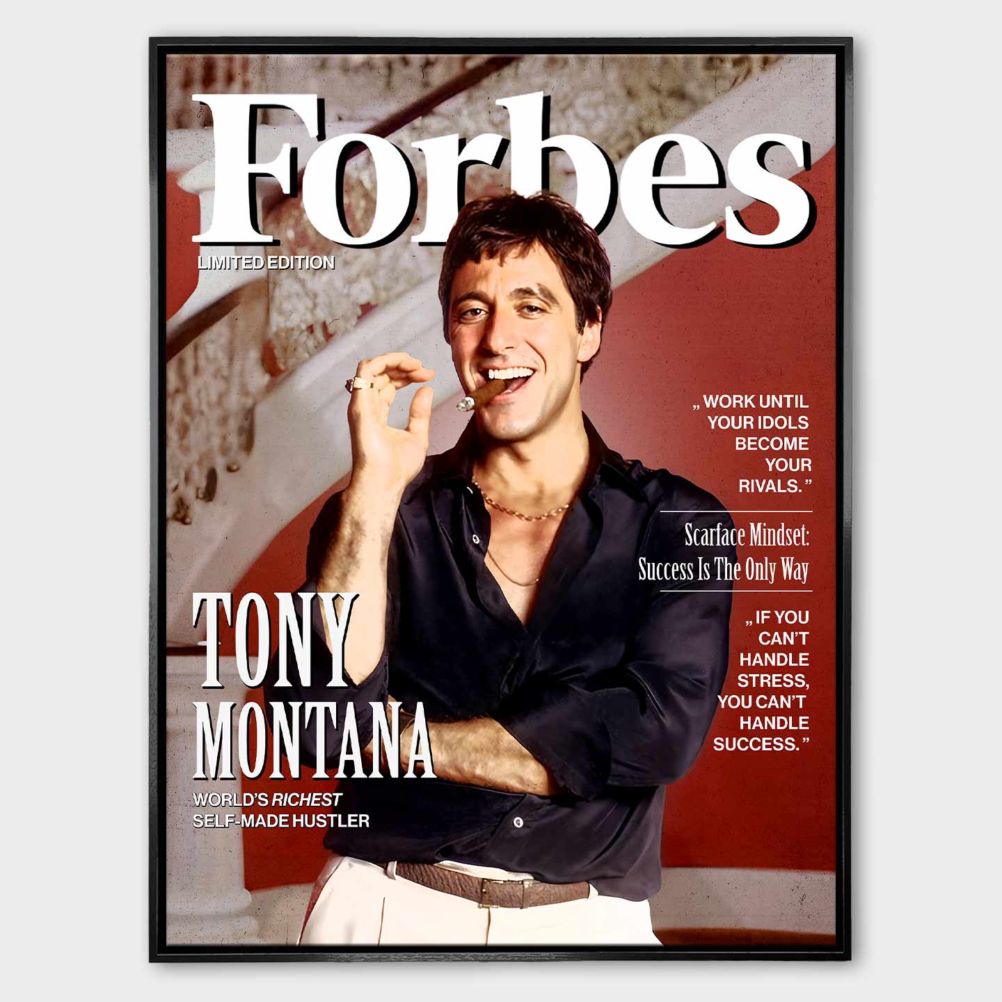 Obraz Scarface na płótnie Scarface Cover z Tonym Montaną na okładce inspirowanej Forbes, symbol sukcesu i odwagi.
