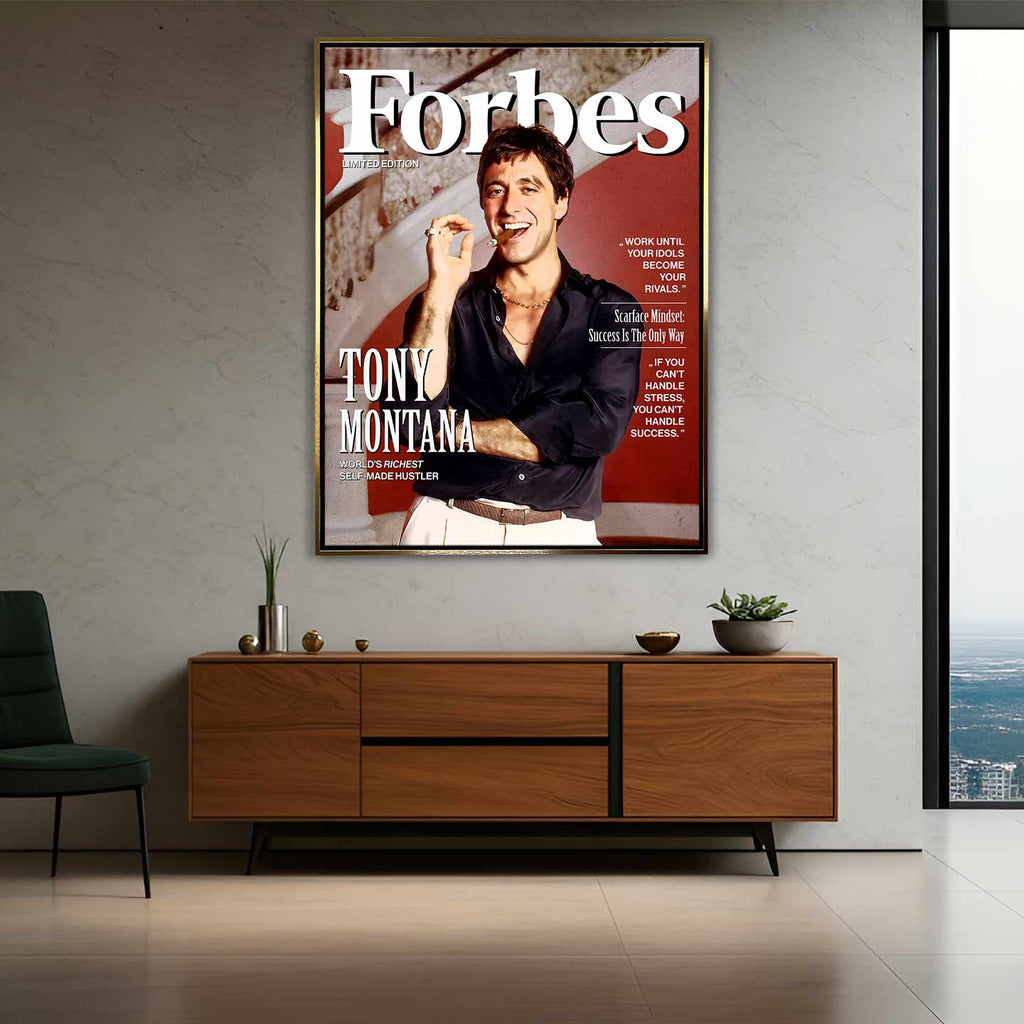 Obraz Scarface na płótnie Scarface Cover z Tonym Montaną na okładce inspirowanej Forbes, symbol sukcesu i odwagi.