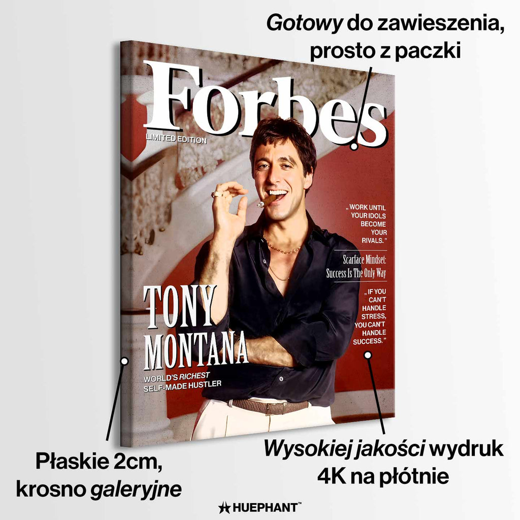 Obraz Scarface na płótnie Scarface Cover z Tonym Montaną na okładce inspirowanej Forbes, symbol sukcesu i odwagi.