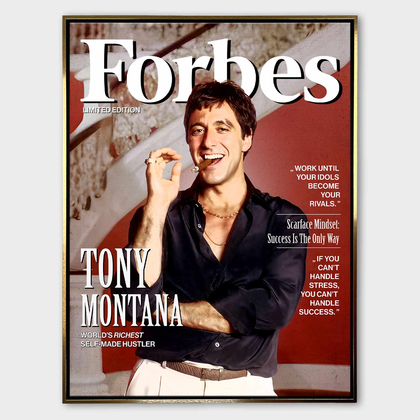 Obraz Scarface na płótnie Scarface Cover z Tonym Montaną na okładce inspirowanej Forbes, symbol sukcesu i odwagi.