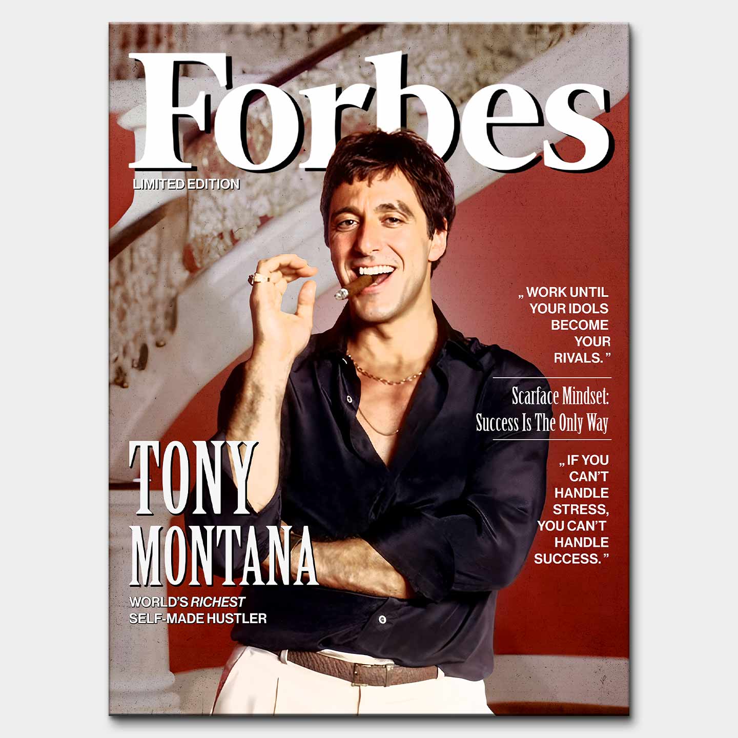 Obraz Scarface na płótnie Scarface Cover z Tonym Montaną na okładce inspirowanej Forbes, symbol sukcesu i odwagi.