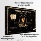 Obraz na płótnie „Scarface Express” z Tonym Montaną, w stylu luksusowej karty kredytowej American Express, otoczony złotymi detalami i napisem „The World Is Yours”.