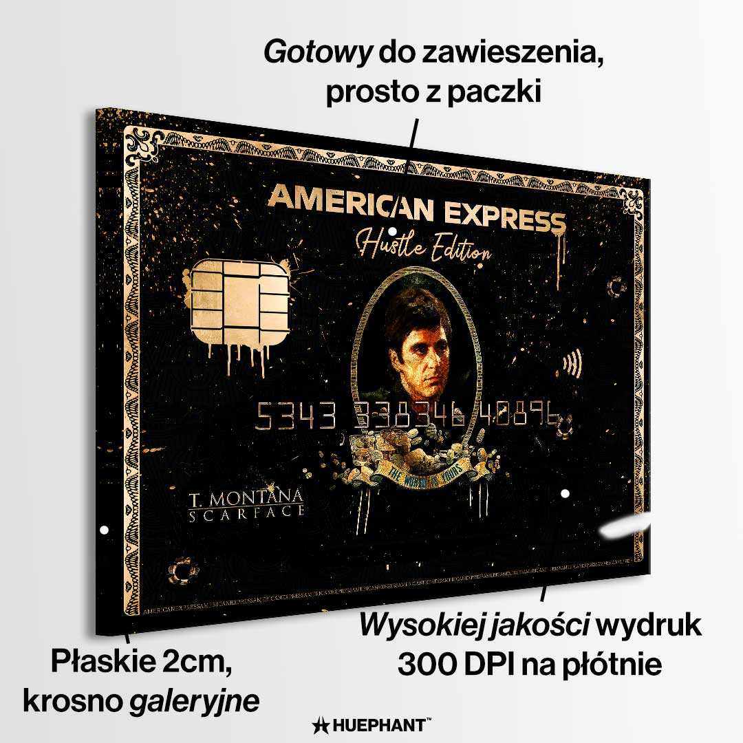 Obraz na płótnie „Scarface Express” z Tonym Montaną, w stylu luksusowej karty kredytowej American Express, otoczony złotymi detalami i napisem „The World Is Yours”.
