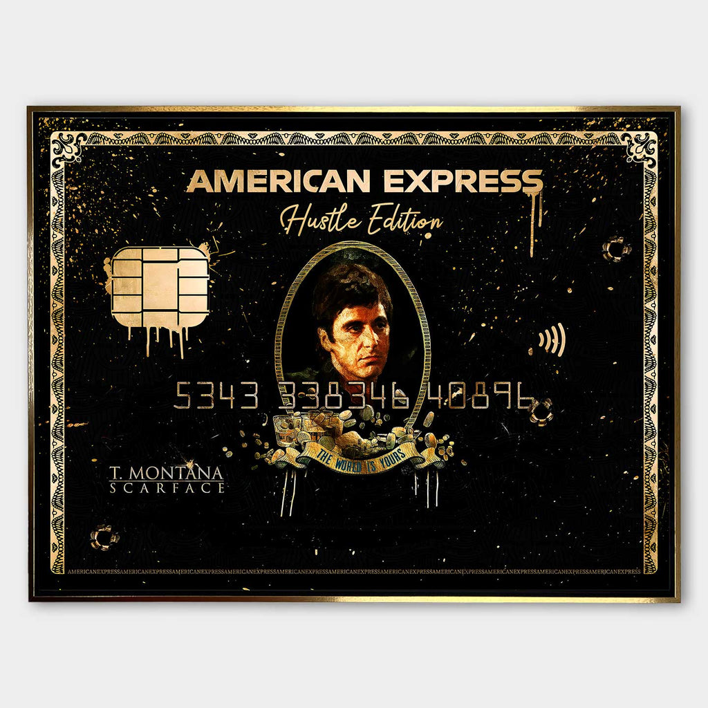 Obraz na płótnie „Scarface Express” z Tonym Montaną, w stylu luksusowej karty kredytowej American Express, otoczony złotymi detalami i napisem „The World Is Yours”.
