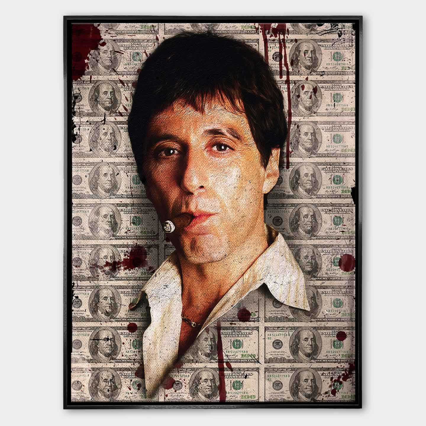 Obraz na płótnie przedstawiający Scarface Tony’ego Montanę z cygarem na tle banknotów dolarowych – symbol siły, władzy i bezkompromisowego sukcesu.