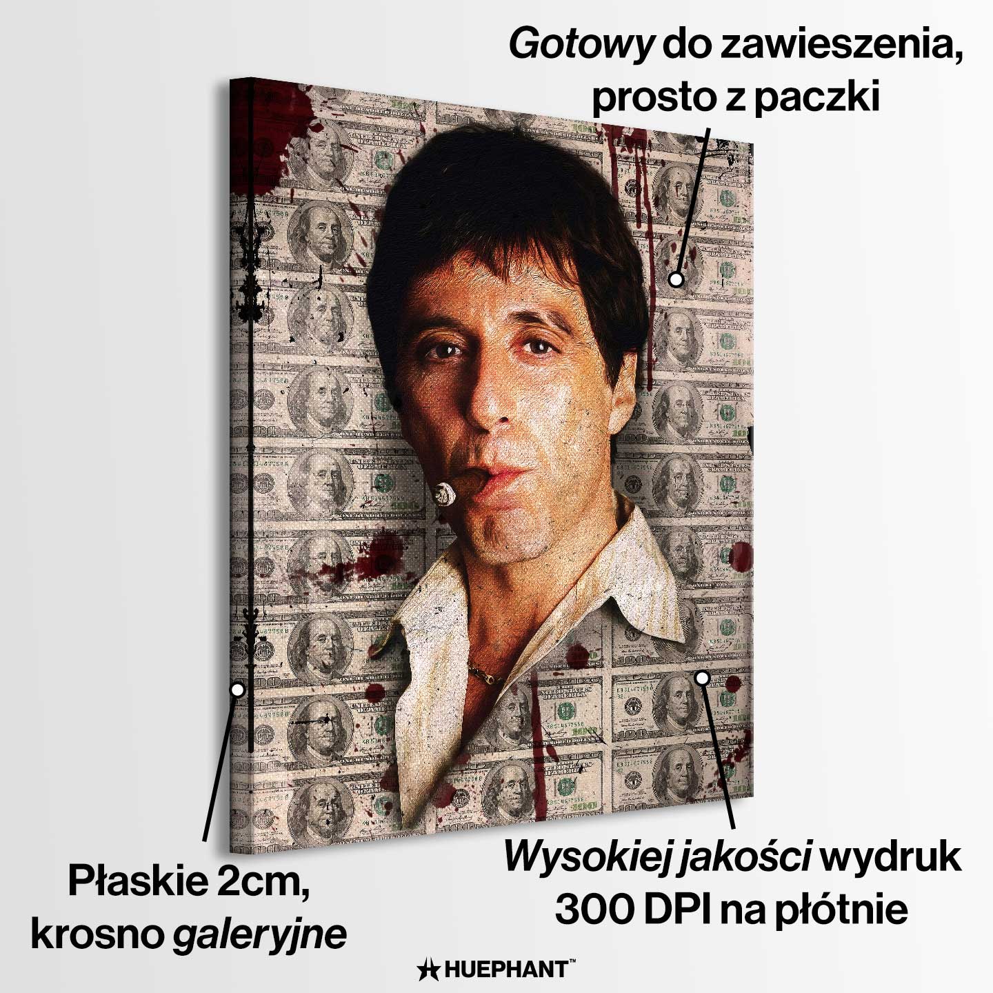 Obraz na płótnie przedstawiający Scarface Tony’ego Montanę z cygarem na tle banknotów dolarowych – symbol siły, władzy i bezkompromisowego sukcesu.