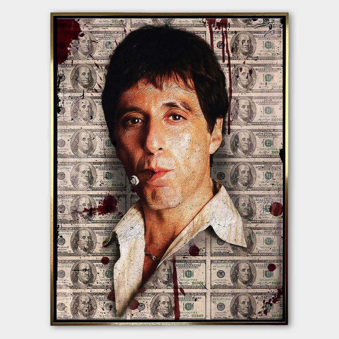 Obraz na płótnie przedstawiający Scarface Tony’ego Montanę z cygarem na tle banknotów dolarowych – symbol siły, władzy i bezkompromisowego sukcesu.