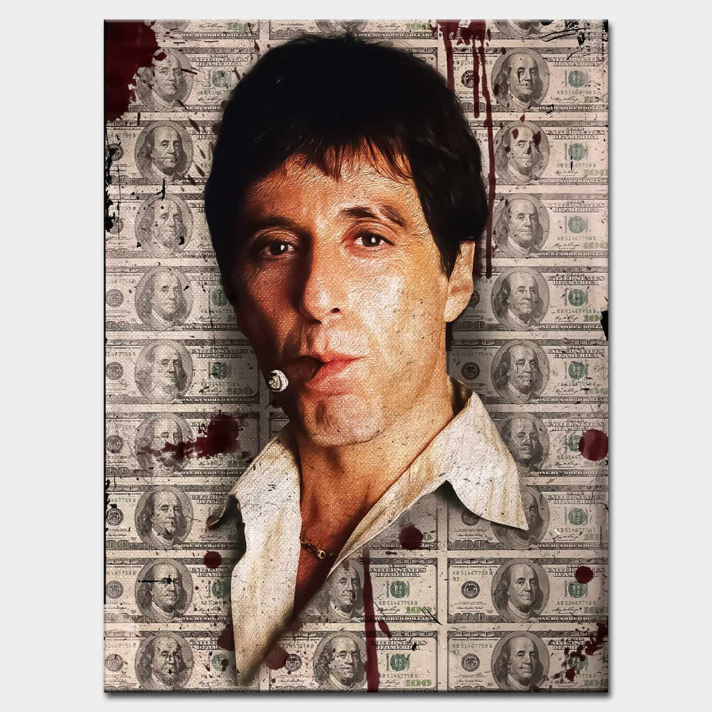 Obraz na płótnie przedstawiający Scarface Tony’ego Montanę z cygarem na tle banknotów dolarowych – symbol siły, władzy i bezkompromisowego sukcesu.