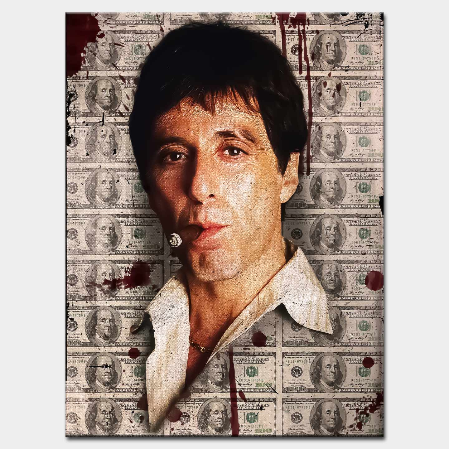 Obraz na płótnie przedstawiający Scarface Tony’ego Montanę z cygarem na tle banknotów dolarowych – symbol siły, władzy i bezkompromisowego sukcesu.