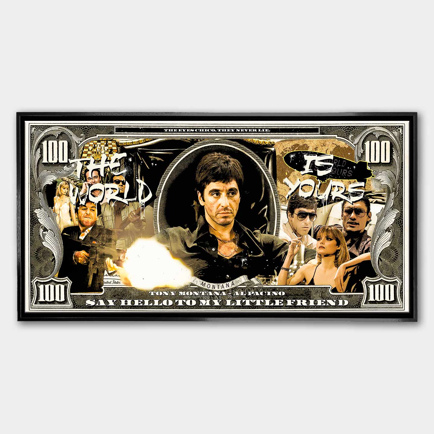 Obraz na płótnie Scarface Money z Tony Montaną w stylu banknotu, inspirowany filmem Człowiek z blizną, symbol luksusu i władzy.