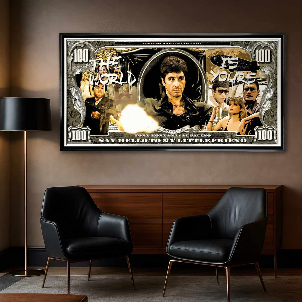 Obraz na płótnie Scarface Money z Tony Montaną w stylu banknotu, inspirowany filmem Człowiek z blizną, symbol luksusu i władzy.