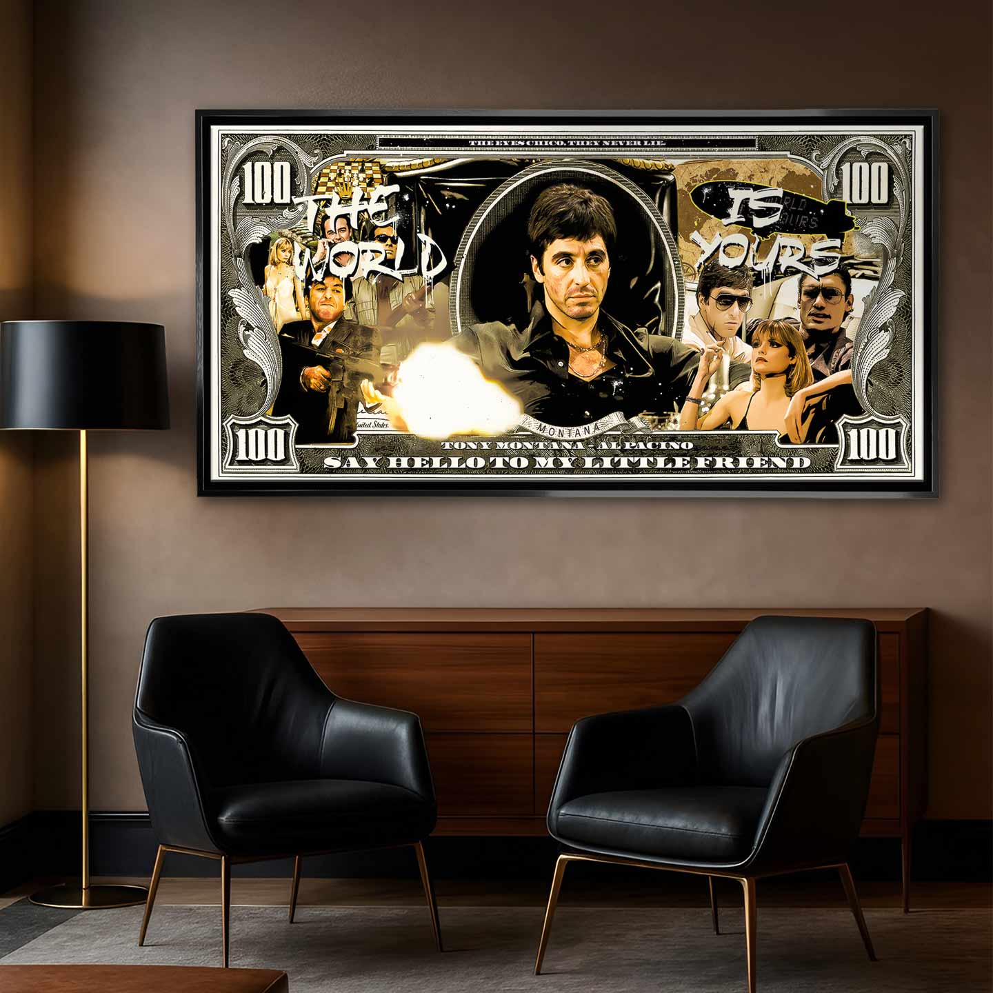 Obraz na płótnie Scarface Money z Tony Montaną w stylu banknotu, inspirowany filmem Człowiek z blizną, symbol luksusu i władzy.