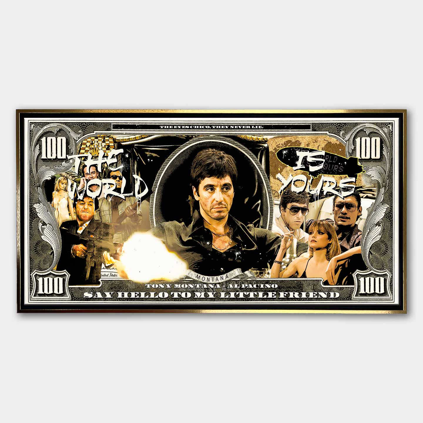 Obraz na płótnie Scarface Money z Tony Montaną w stylu banknotu, inspirowany filmem Człowiek z blizną, symbol luksusu i władzy.