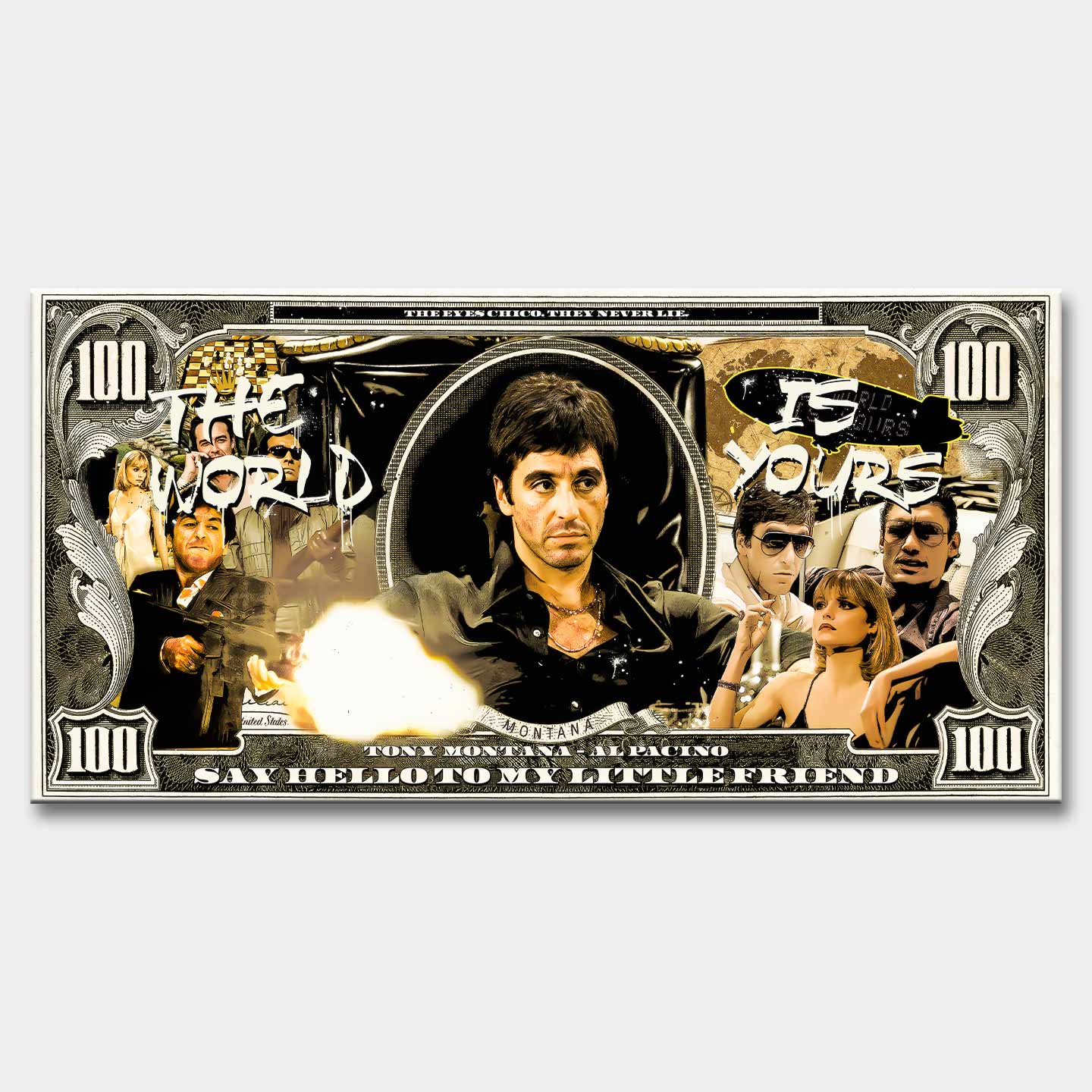 Obraz na płótnie Scarface Money z Tony Montaną w stylu banknotu, inspirowany filmem Człowiek z blizną, symbol luksusu i władzy.