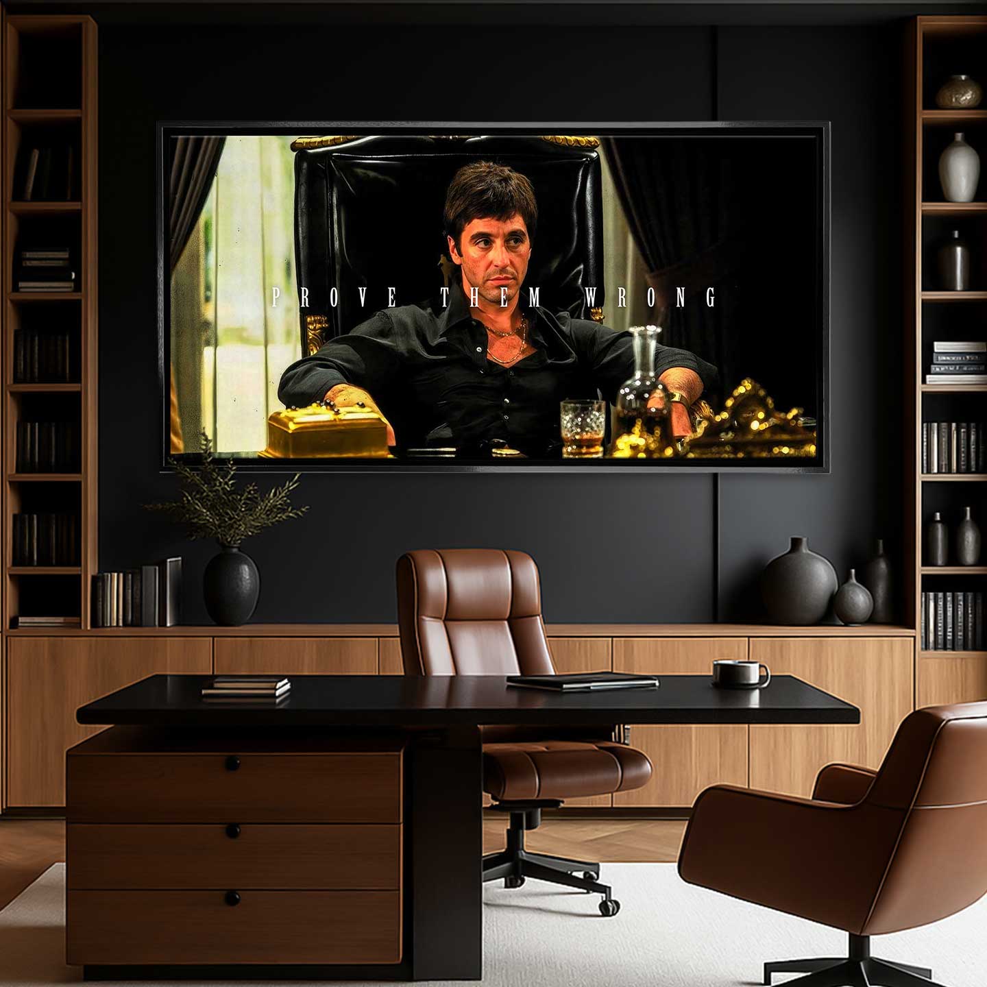 Obraz na płótnie Scarface Prove Them Wrong z Tony Montana w luksusowym otoczeniu, z motywacyjnym napisem „Prove Them Wrong”