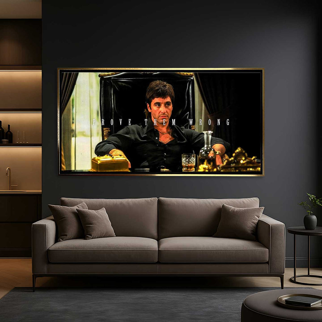 Obraz na płótnie Scarface Prove Them Wrong z Tony Montana w luksusowym otoczeniu, z motywacyjnym napisem „Prove Them Wrong”