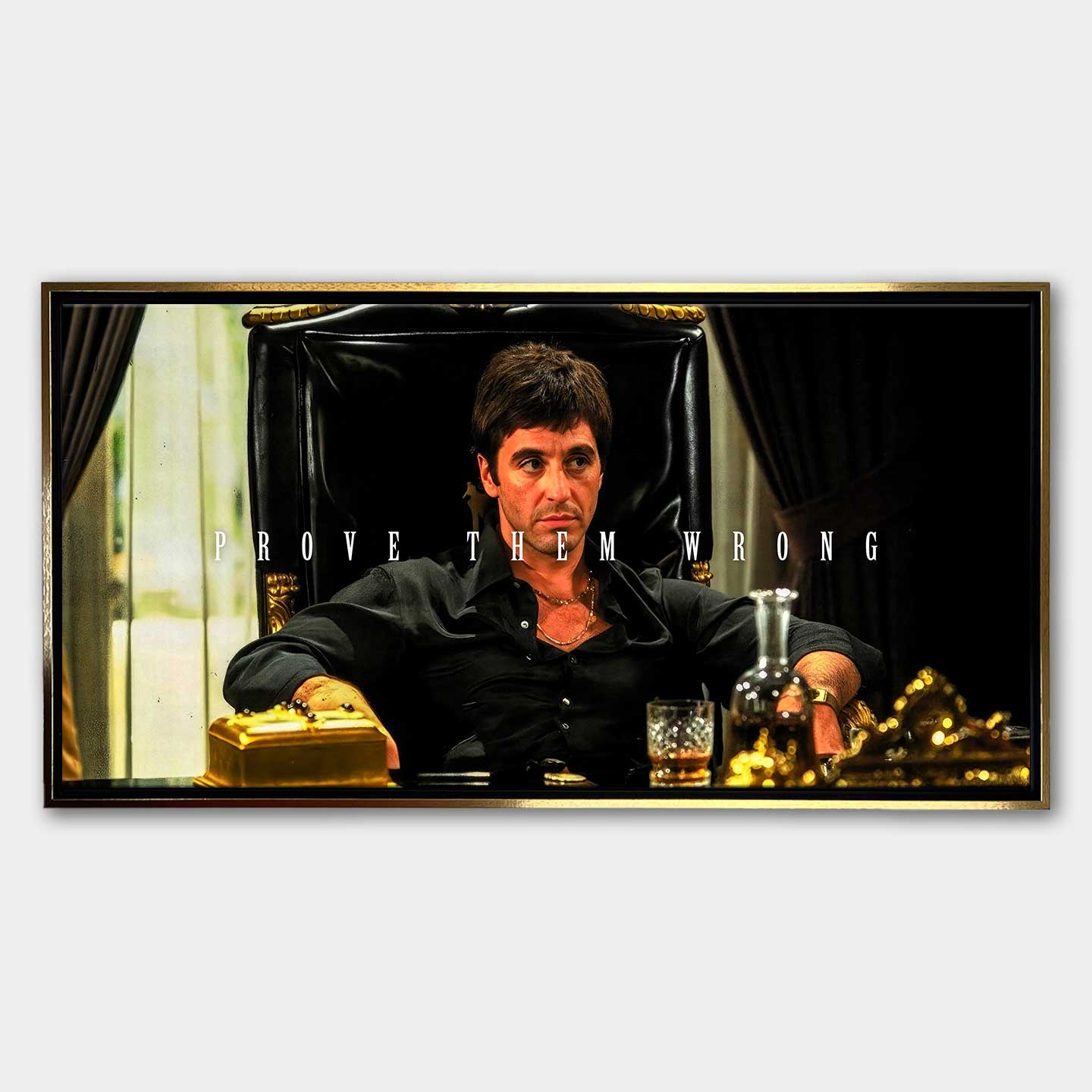 Obraz na płótnie Scarface Prove Them Wrong z Tony Montana w luksusowym otoczeniu, z motywacyjnym napisem „Prove Them Wrong”