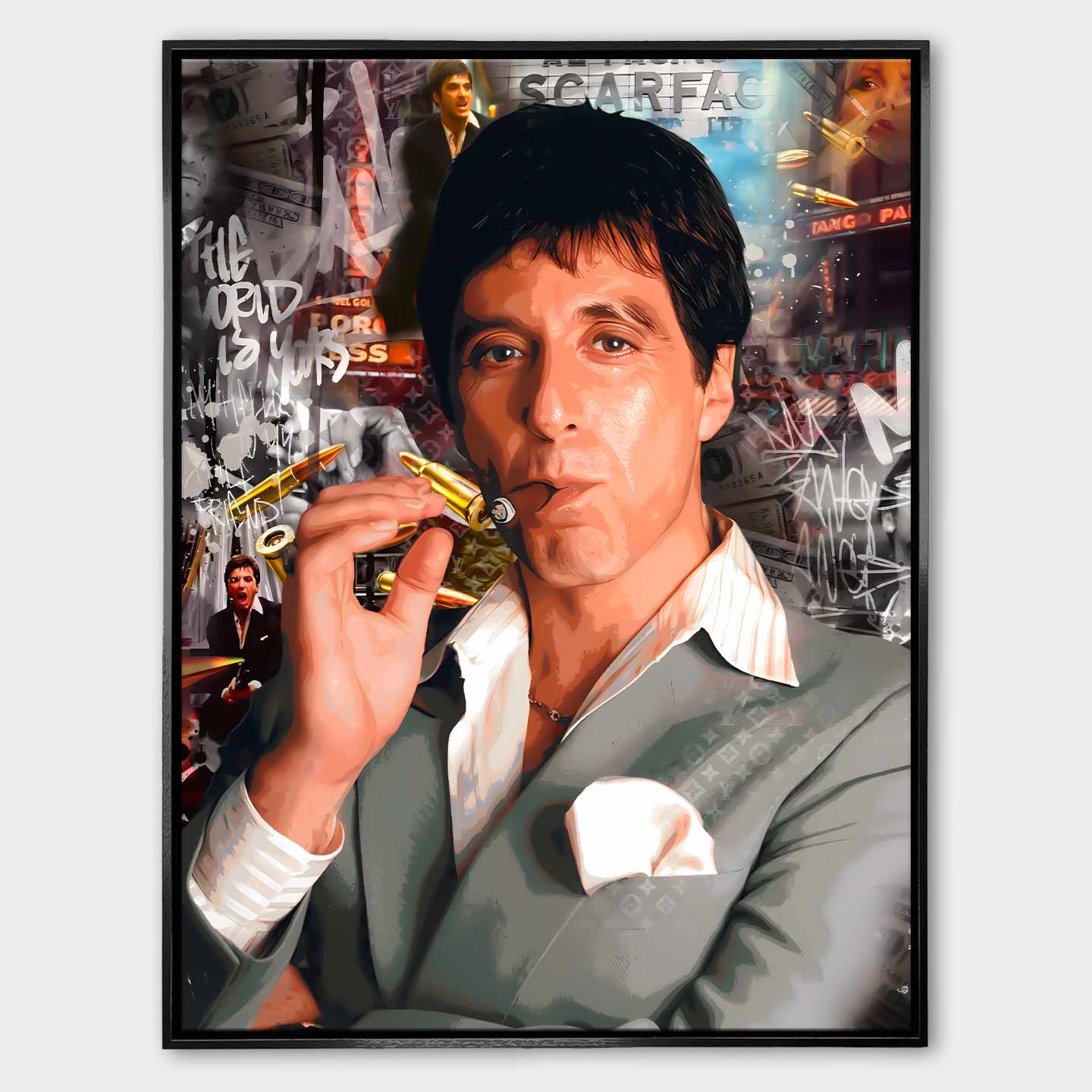 Obraz Scarface „Tony” na płótnie - Tony Montana z filmu Scarface, luksusowy obraz z motywem siły, odwagi i ambicji, nowoczesna dekoracja ścienna Huephant.