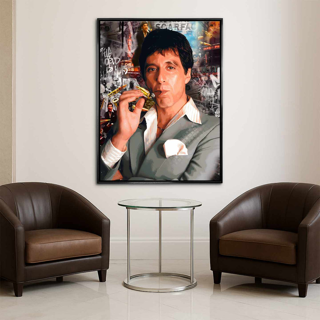 Obraz Scarface „Tony” na płótnie - Tony Montana z filmu Scarface, luksusowy obraz z motywem siły, odwagi i ambicji, nowoczesna dekoracja ścienna Huephant.