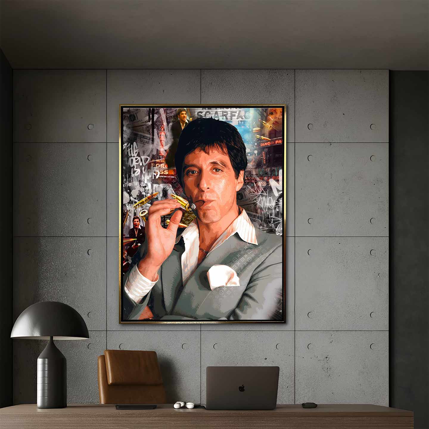 Obraz Scarface „Tony” na płótnie - Tony Montana z filmu Scarface, luksusowy obraz z motywem siły, odwagi i ambicji, nowoczesna dekoracja ścienna Huephant.