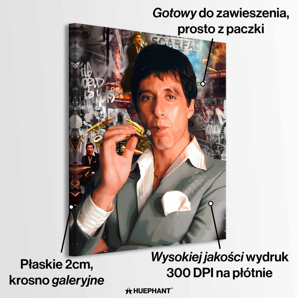 Obraz Scarface „Tony” na płótnie - Tony Montana z filmu Scarface, luksusowy obraz z motywem siły, odwagi i ambicji, nowoczesna dekoracja ścienna Huephant.