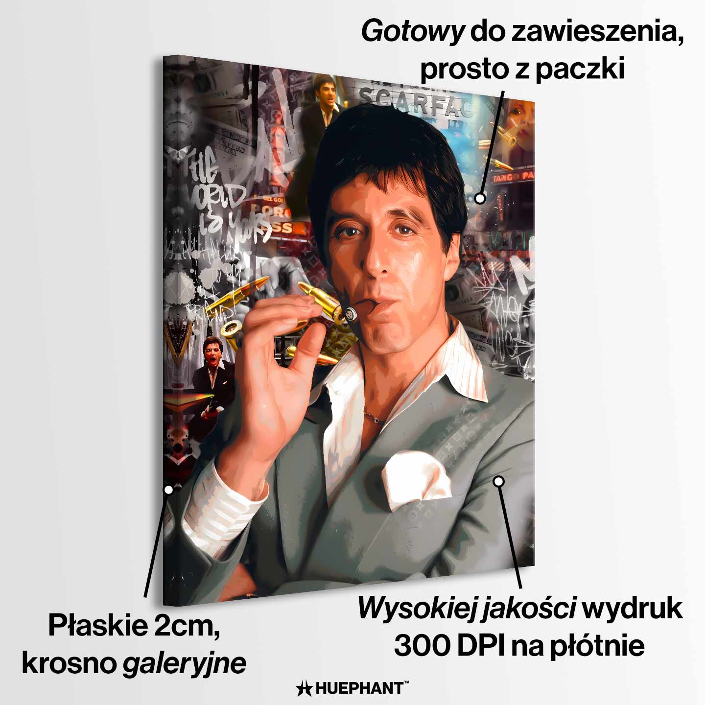Obraz Scarface „Tony” na płótnie - Tony Montana z filmu Scarface, luksusowy obraz z motywem siły, odwagi i ambicji, nowoczesna dekoracja ścienna Huephant.