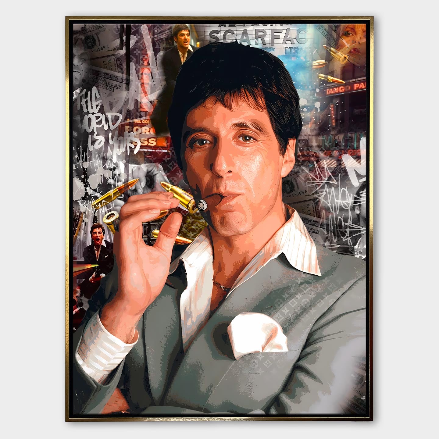 Obraz Scarface „Tony” na płótnie - Tony Montana z filmu Scarface, luksusowy obraz z motywem siły, odwagi i ambicji, nowoczesna dekoracja ścienna Huephant.