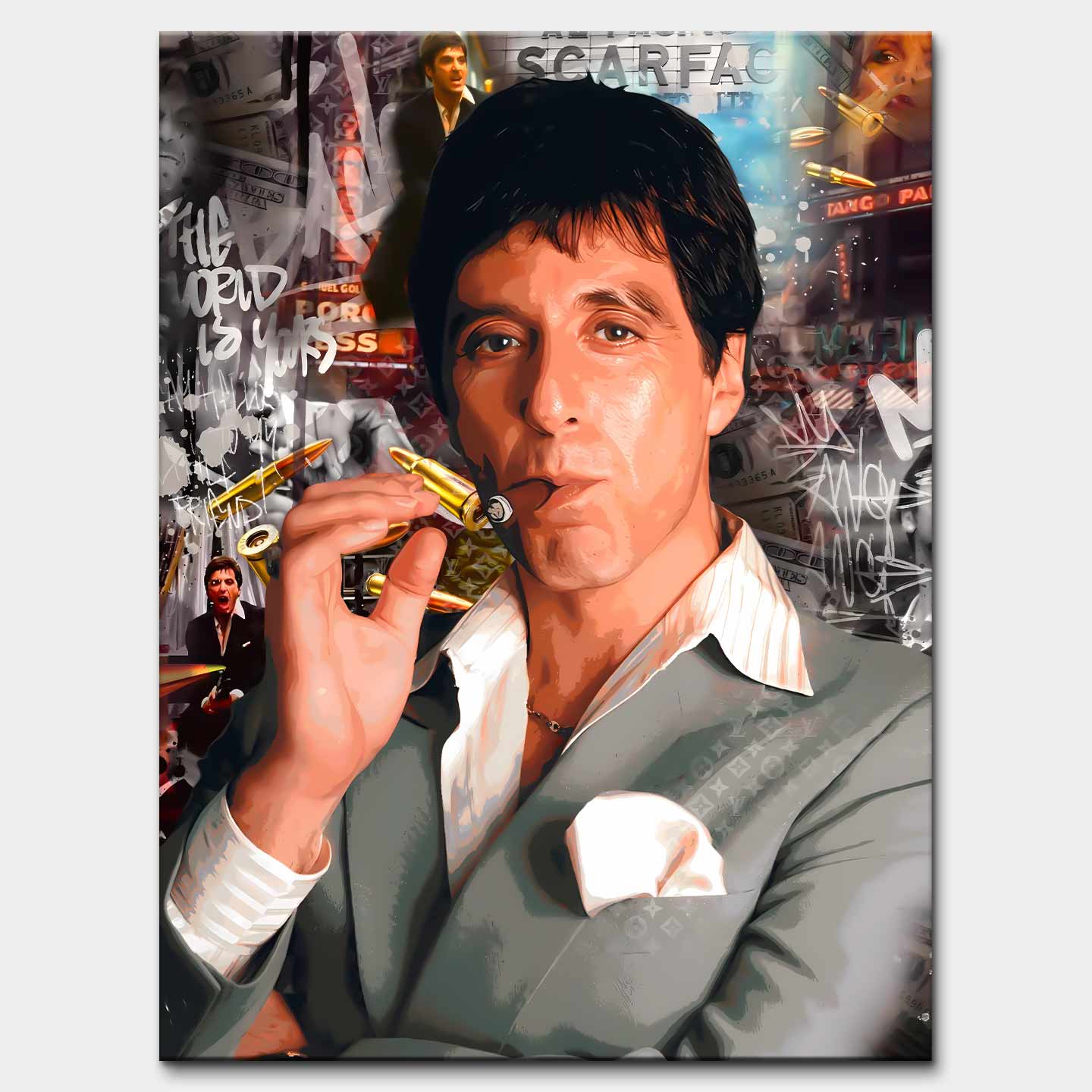 Obraz Scarface „Tony” na płótnie - Tony Montana z filmu Scarface, luksusowy obraz z motywem siły, odwagi i ambicji, nowoczesna dekoracja ścienna Huephant.