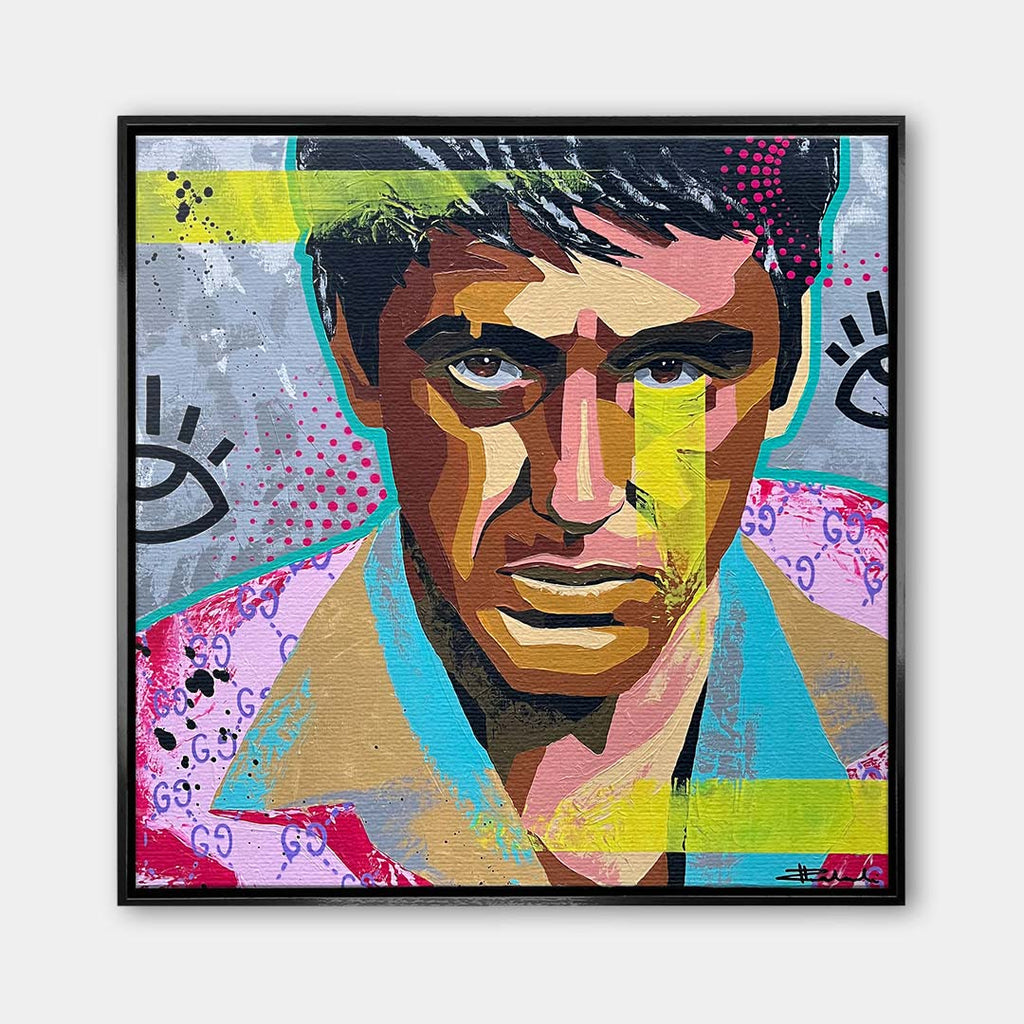 Nowoczesny obraz na płótnie w stylu pop art przedstawiający portret w intensywnych kolorach, wydruk galeryjny do wnętrza.