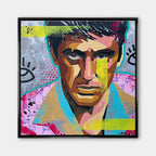 Nowoczesny obraz na płótnie w stylu pop art przedstawiający portret w intensywnych kolorach, wydruk galeryjny do wnętrza.