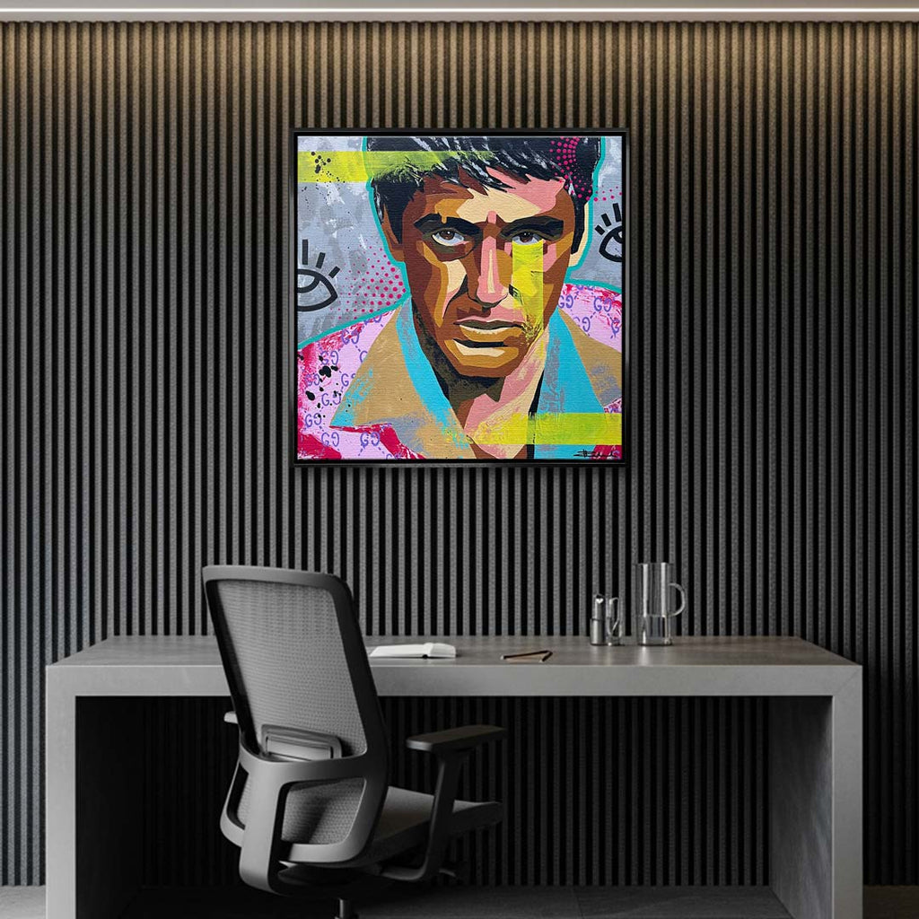 Nowoczesny obraz na płótnie w stylu pop art przedstawiający portret w intensywnych kolorach, wydruk galeryjny do wnętrza.