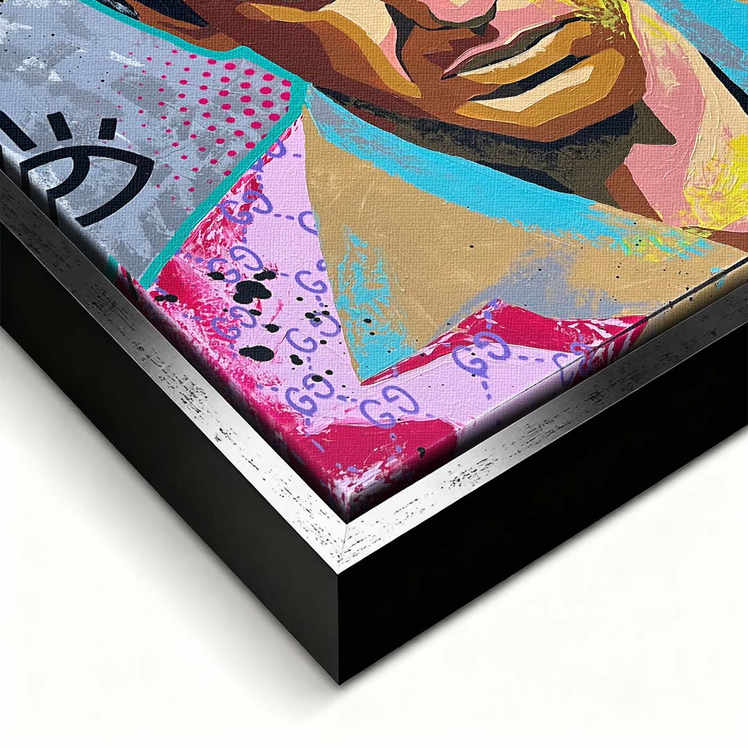 Nowoczesny obraz na płótnie w stylu pop art przedstawiający portret w intensywnych kolorach, wydruk galeryjny do wnętrza.