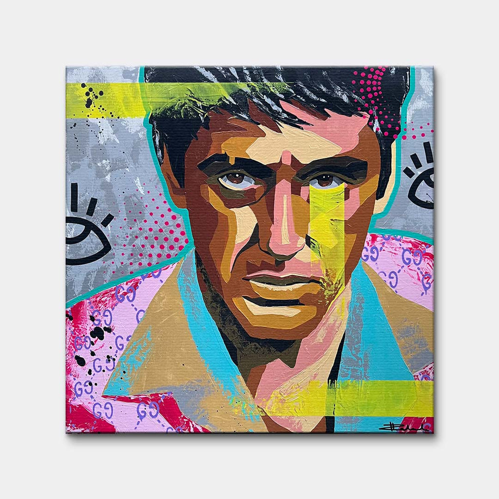 Nowoczesny obraz na płótnie w stylu pop art przedstawiający portret w intensywnych kolorach, wydruk galeryjny do wnętrza.