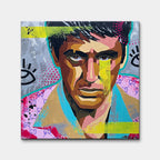 Nowoczesny obraz na płótnie w stylu pop art przedstawiający portret w intensywnych kolorach, wydruk galeryjny do wnętrza.