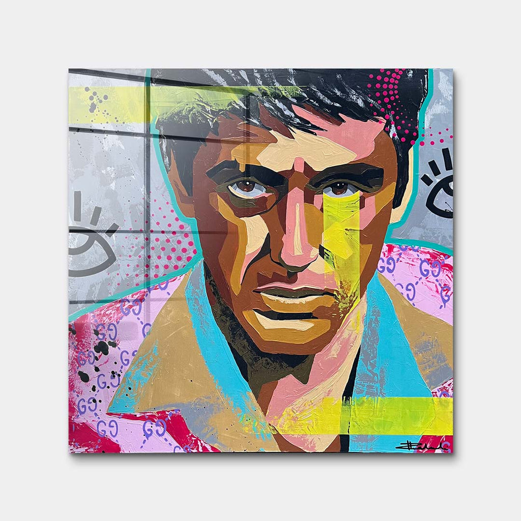 Nowoczesny obraz na szkle akrylowym w stylu pop art przedstawiający portret w intensywnych kolorach, wydruk galeryjny do wnętrza.