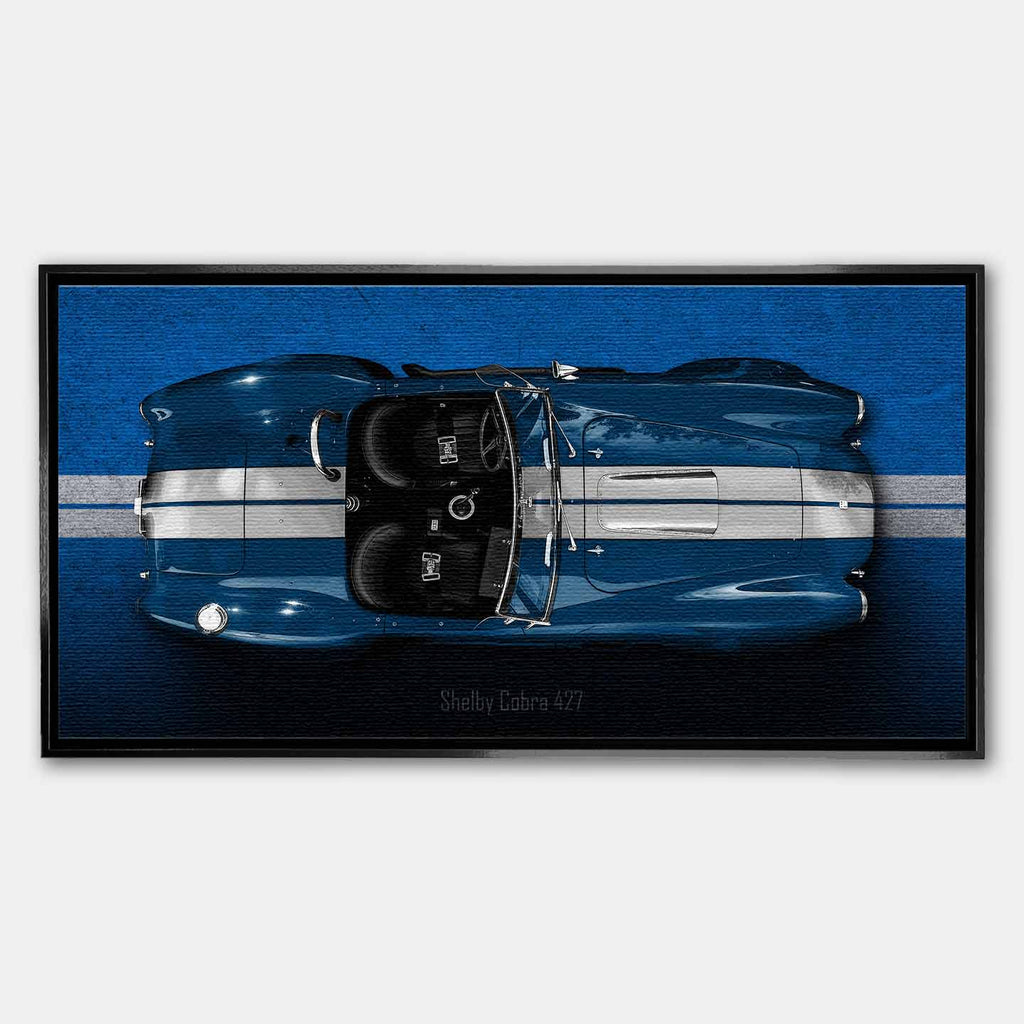 Obraz na płótnie Shelby Cobra 427 – widok z góry na niebieską klasyczną Cobrę z białymi pasami, motoryzacyjna sztuka.
