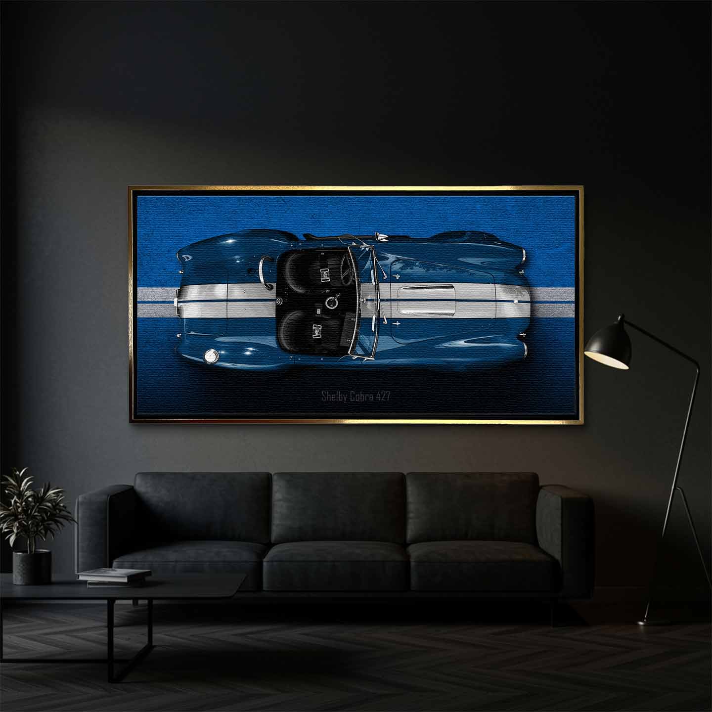 Obraz na płótnie Shelby Cobra 427 – widok z góry na niebieską klasyczną Cobrę z białymi pasami, motoryzacyjna sztuka.