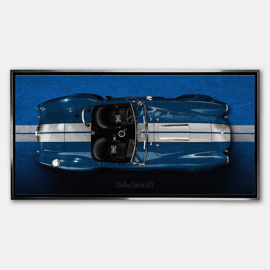 Obraz na płótnie Shelby Cobra 427 – widok z góry na niebieską klasyczną Cobrę z białymi pasami, motoryzacyjna sztuka.
