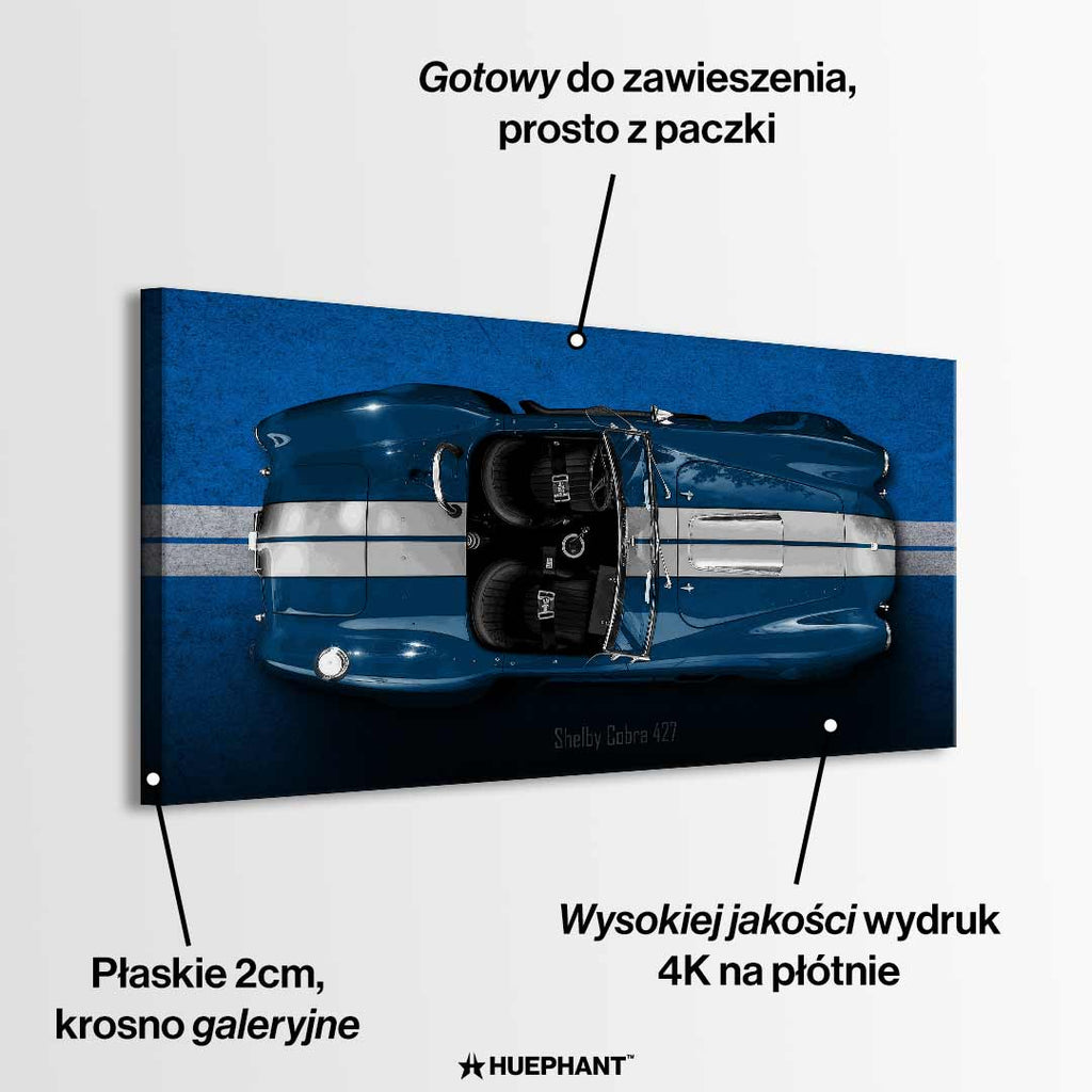 Obraz na płótnie Shelby Cobra 427 – widok z góry na niebieską klasyczną Cobrę z białymi pasami, motoryzacyjna sztuka.