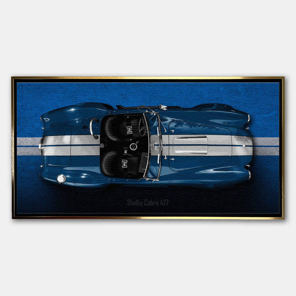 Obraz na płótnie Shelby Cobra 427 – widok z góry na niebieską klasyczną Cobrę z białymi pasami, motoryzacyjna sztuka.