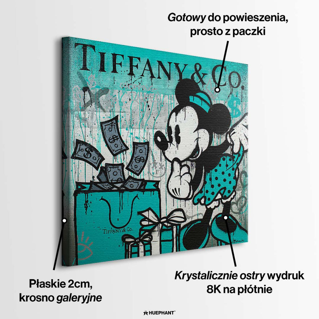 Obraz na płótnie pop art przedstawiający postać myszki obok turkusowej torby z banknotami, wydruk galeryjny, sztuka nowoczesna.