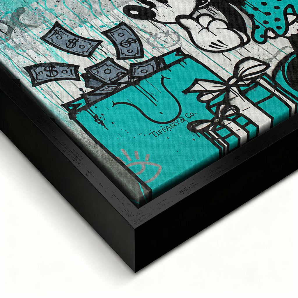 Obraz na płótnie pop art przedstawiający postać myszki obok turkusowej torby z banknotami, wydruk galeryjny, sztuka nowoczesna.