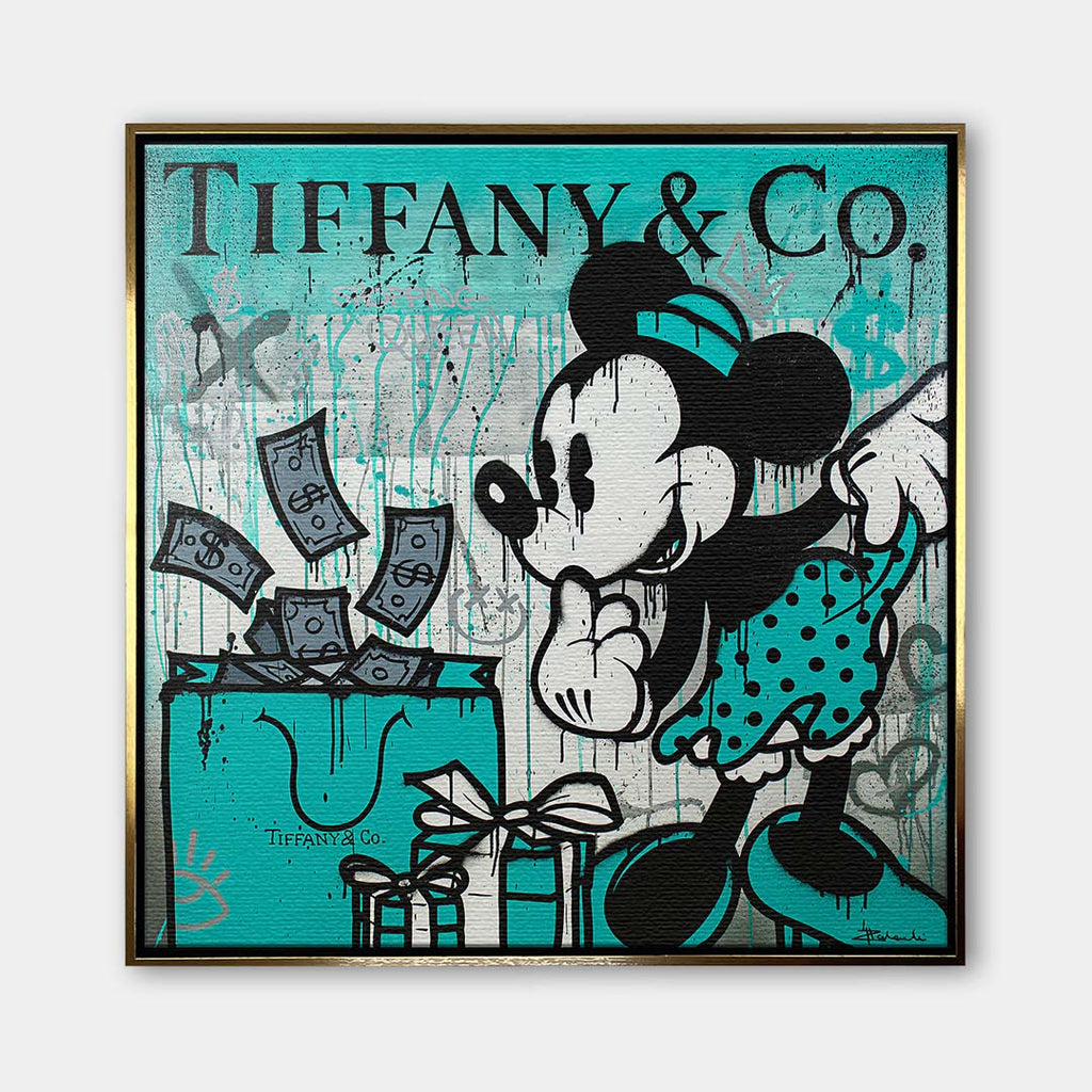 Obraz na płótnie pop art przedstawiający postać myszki obok turkusowej torby z banknotami, wydruk galeryjny, sztuka nowoczesna.