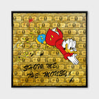 Obraz na płótnie Show Me The Money z komiksową kaczą postacią, monetami i tłem z banknotów, złoty wydruk galeryjny w stylu pop-art.