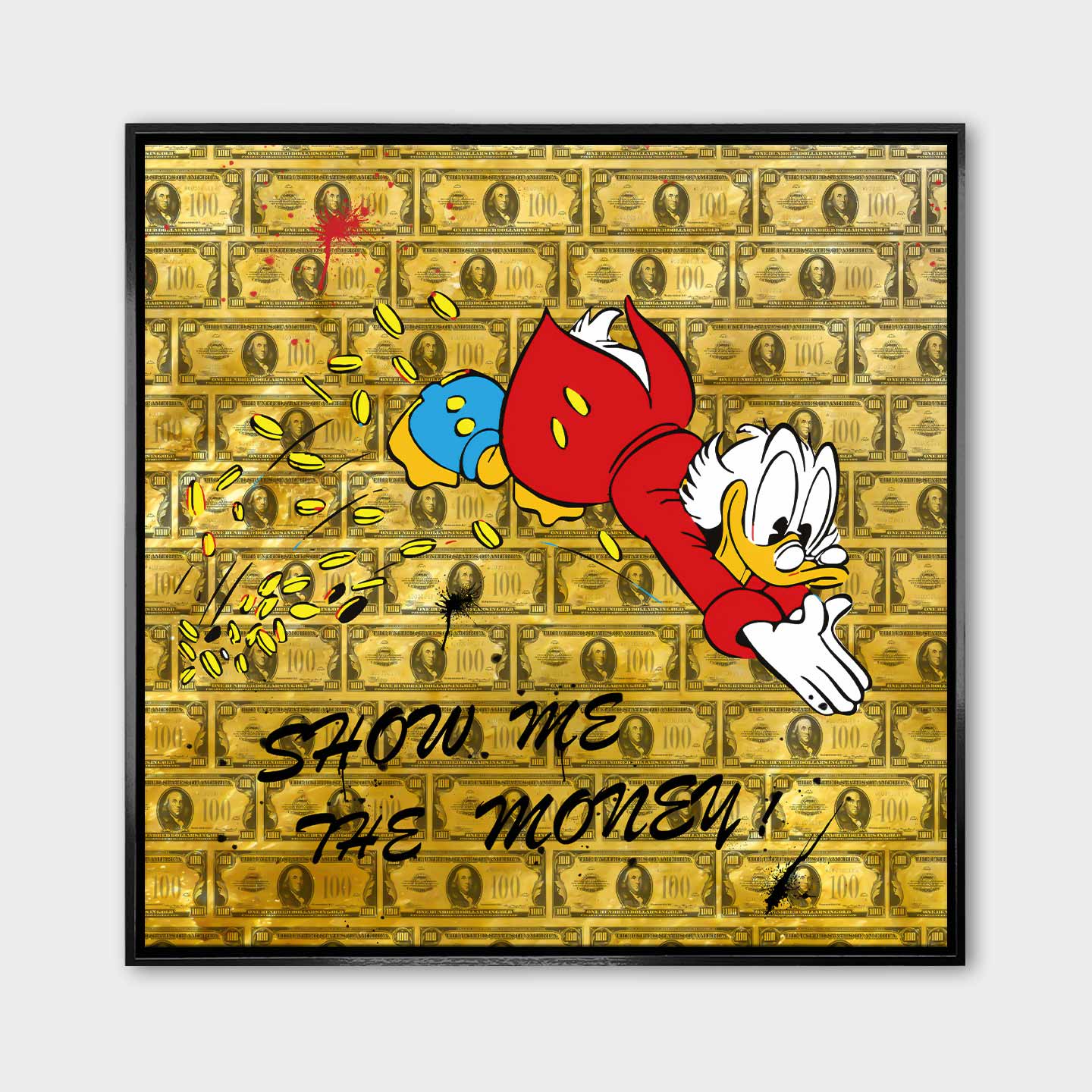 Obraz na płótnie Show Me The Money z komiksową kaczą postacią, monetami i tłem z banknotów, złoty wydruk galeryjny w stylu pop-art.