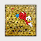 Obraz na płótnie Show Me The Money z komiksową kaczą postacią, monetami i tłem z banknotów, złoty wydruk galeryjny w stylu pop-art.