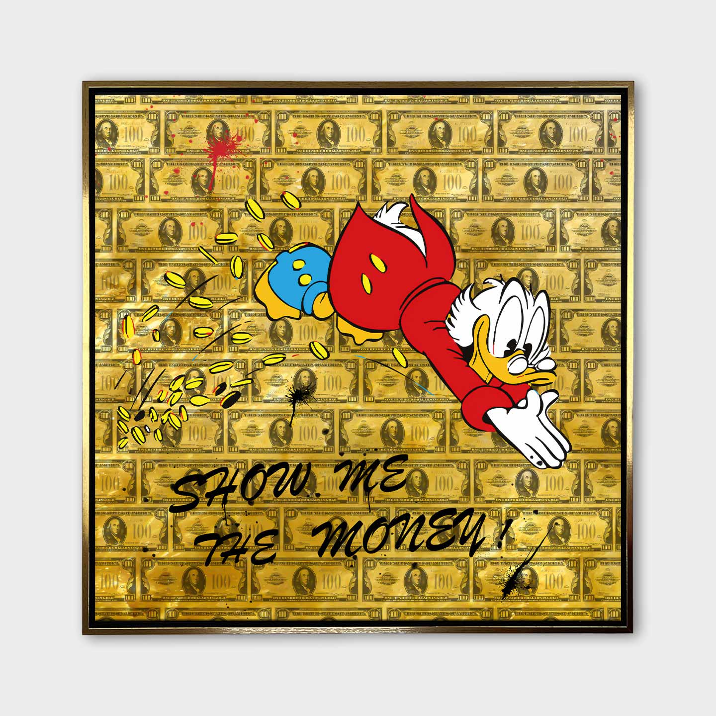 Obraz na płótnie Show Me The Money z komiksową kaczą postacią, monetami i tłem z banknotów, złoty wydruk galeryjny w stylu pop-art.
